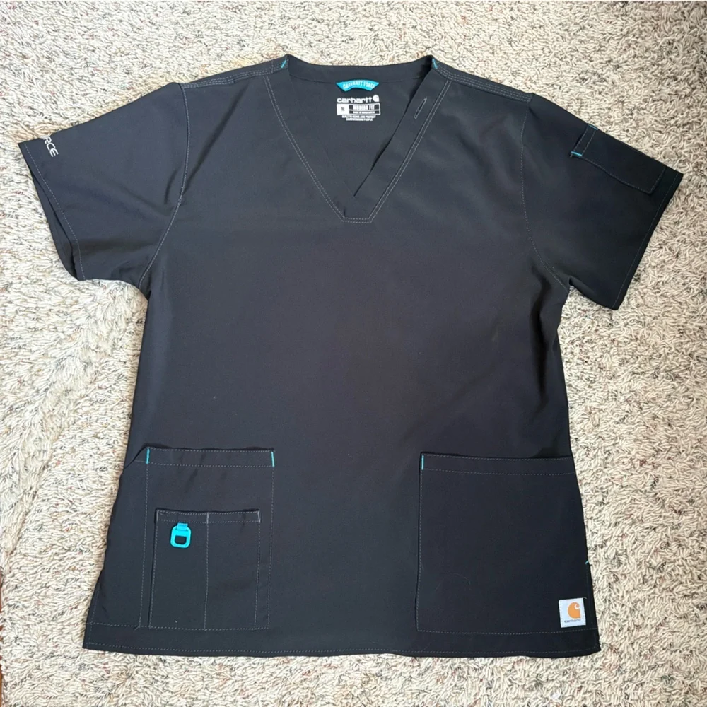 Carhartt Black Scrub Top with Teal Stitching Size Medium - Picture 1 of 7